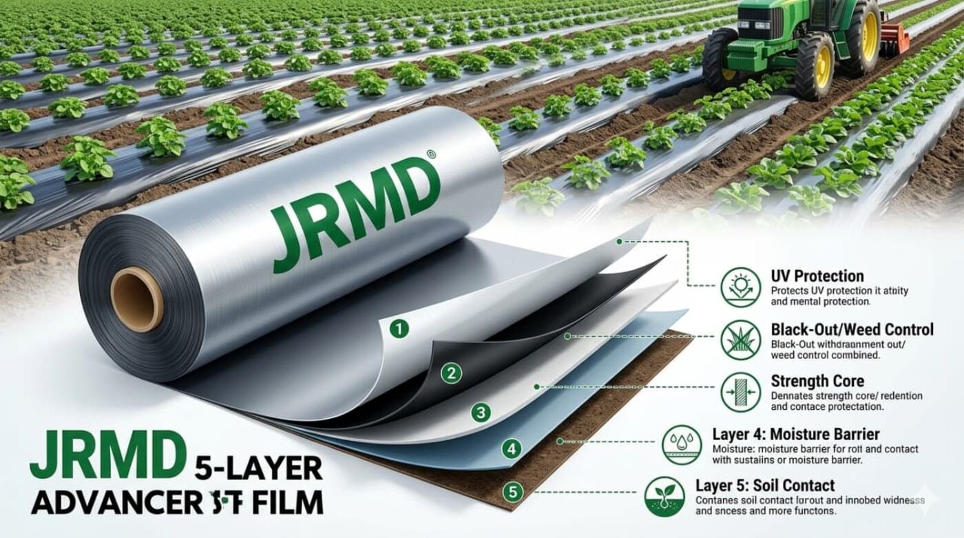 Mulch film laid across crop rows
